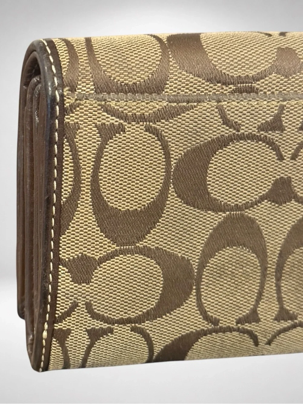 COACH Poppy Legacy Stripe Signature Bifold Wallet Khaki Brown Jacquard